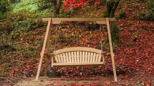 Swinging seat placed amongst red leaves outside